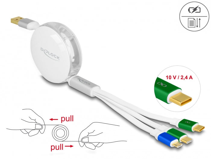 Delock USB 3 in 1 Aufrollladekabel Typ-A zu Micro USB / 2 x USB Type-C™ mit Schnellladefunktion weiß