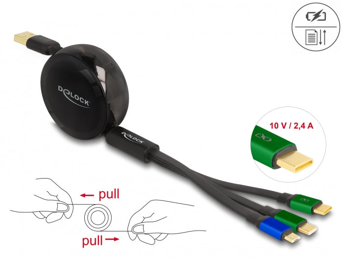 Delock USB Aufrollladekabel 3 in 1 Typ-A zu Micro USB / 2 x USB Type-C™ mit Schnellladefunktion schwarz