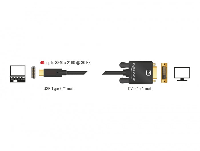 Delock Kabel USB Type-C™ Stecker > DVI 24+1 Stecker (DP Alt Mode) 4K 30 Hz 1 m schwarz
