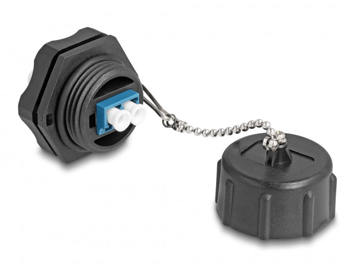 Delock LWL Einbaubuchse LC Duplex zu LC Duplex mit Verschlusskappe Singlemode IP68 staub- und wasserdicht