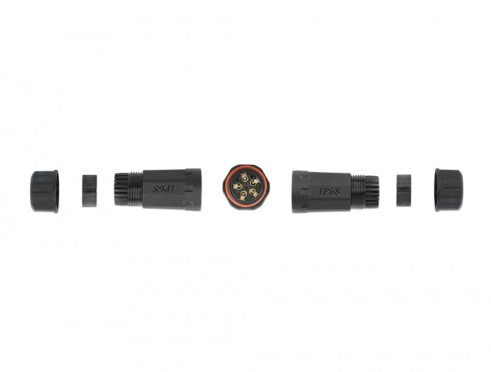 Delock Kabelverbinder für Außenbereich 5 Pin, IP68 wasserdicht, schraubbar, Kabeldurchmesser 4,5 - 7,5 mm schwarz