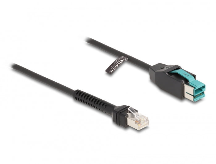 Delock Spiralkabel RJ50 Stecker zu PoweredUSB Stecker 12 V 3 m schwarz