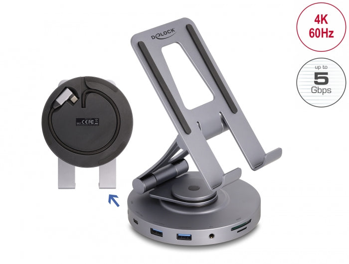 Delock Tablet und Notebook Dockingstation 4K mit integrierter Halterung - HDMI / USB / Hub / SD / Micro SD / PD 3.0 - 360° drehbar