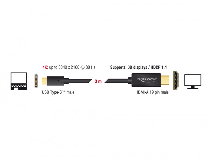 Delock Kabel USB Type-C™ Stecker > HDMI Stecker (DP Alt Mode) 4K 30 Hz 3 m schwarz