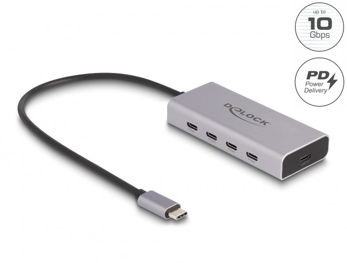 Delock USB 10 Gbps USB Type-C™ Hub mit 4 x USB Type-C™ Buchse + 1 x USB Type-C™ PD 85 Watt mit 30 cm Anschlusskabel
