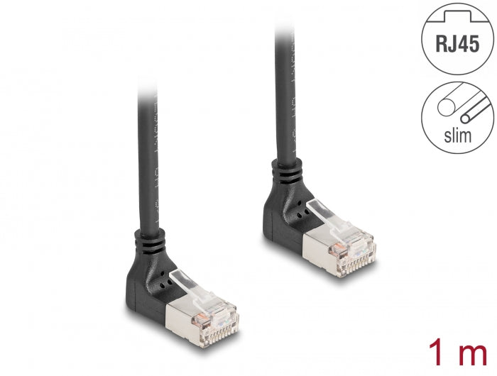 Delock RJ45 Netzwerkkabel Cat.6A S/FTP Slim 90° oben / oben gewinkelt 1 m schwarz