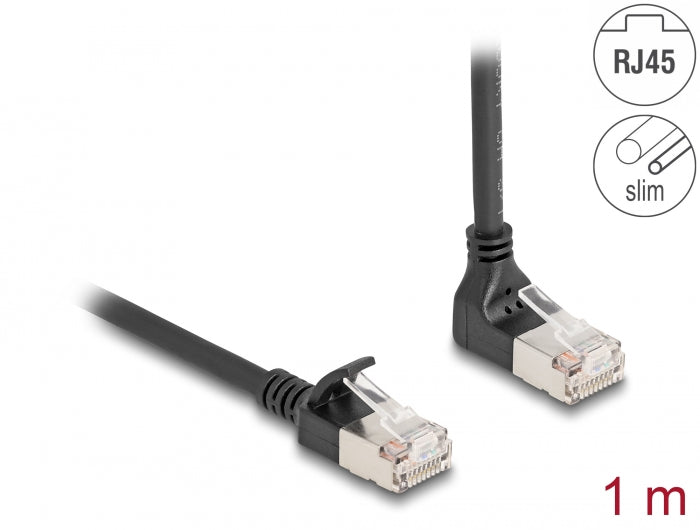 Delock RJ45 Netzwerkkabel Cat.6A S/FTP Slim 90° oben gewinkelt / gerade 1 m schwarz