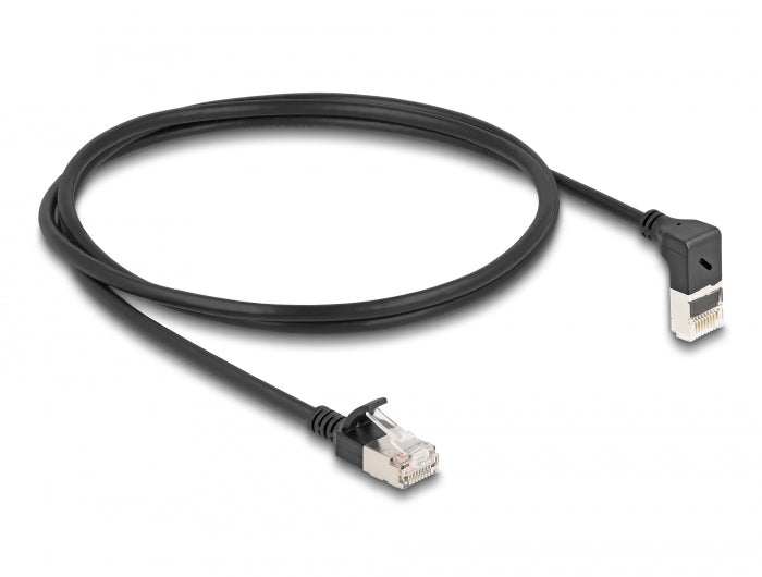 Delock RJ45 Netzwerkkabel Cat.6A S/FTP Slim 90° oben gewinkelt / gerade 1 m schwarz