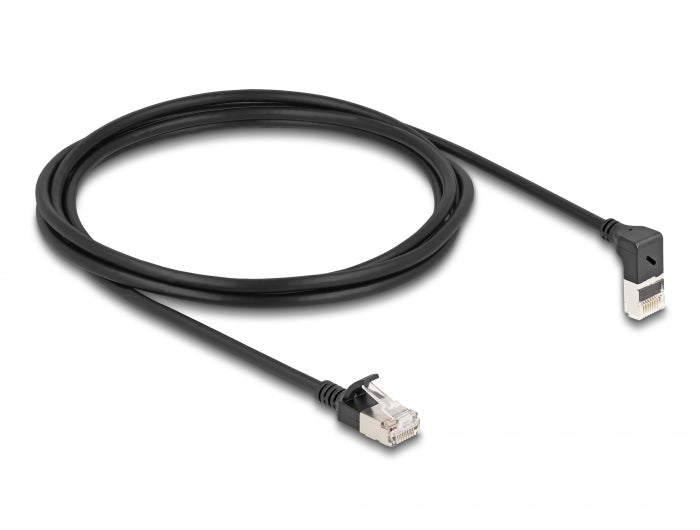 Delock RJ45 Netzwerkkabel Cat.6A S/FTP Slim 90° oben gewinkelt / gerade 2 m schwarz