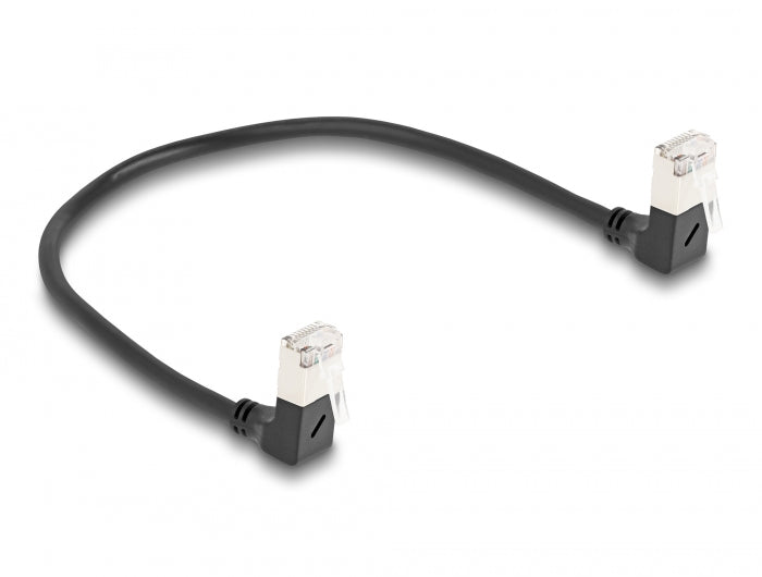 Delock RJ45 Netzwerkkabel Cat.6A S/FTP Slim 90° unten / unten gewinkelt 0,25 m schwarz