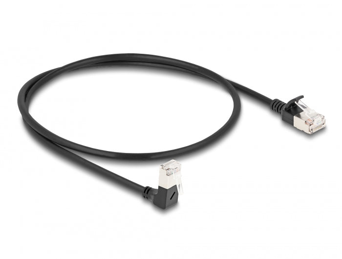 Delock RJ45 Netzwerkkabel Cat.6A S/FTP Slim 90° unten gewinkelt / gerade 0,5 m schwarz