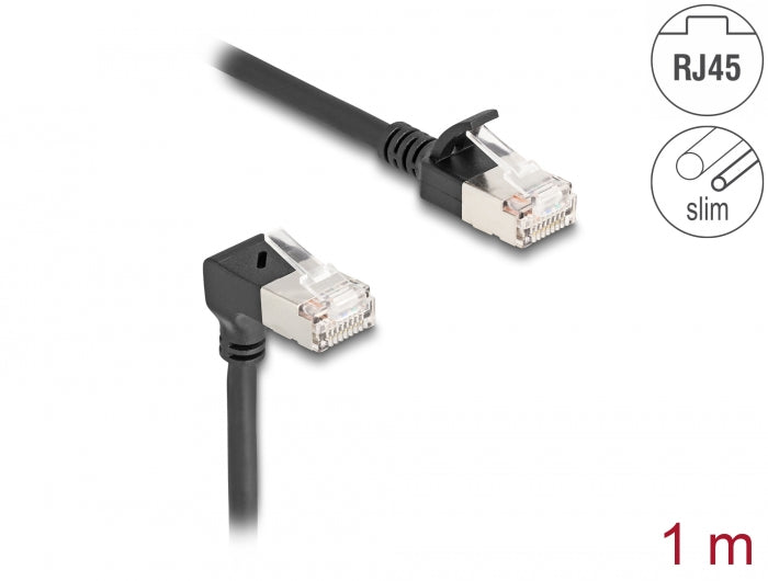 Delock RJ45 Netzwerkkabel Cat.6A S/FTP Slim 90° unten gewinkelt / gerade 1 m schwarz