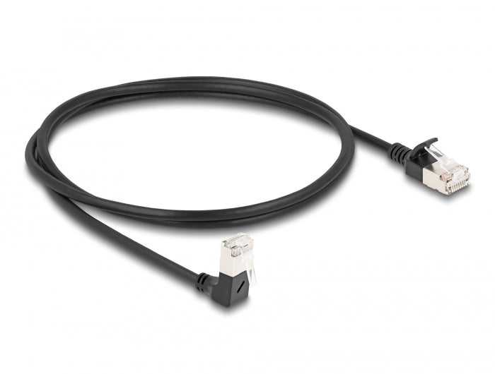 Delock RJ45 Netzwerkkabel Cat.6A S/FTP Slim 90° unten gewinkelt / gerade 1 m schwarz