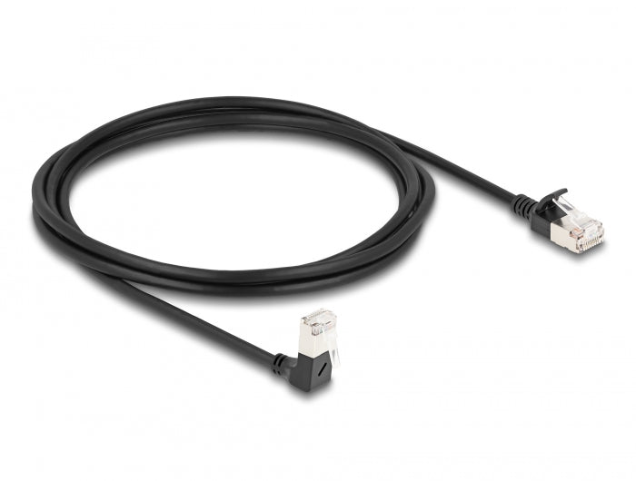 Delock RJ45 Netzwerkkabel Cat.6A S/FTP Slim 90° unten gewinkelt / gerade 2 m schwarz