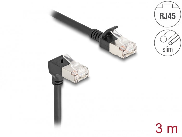 Delock RJ45 Netzwerkkabel Cat.6A S/FTP Slim 90° unten gewinkelt / gerade 3 m schwarz