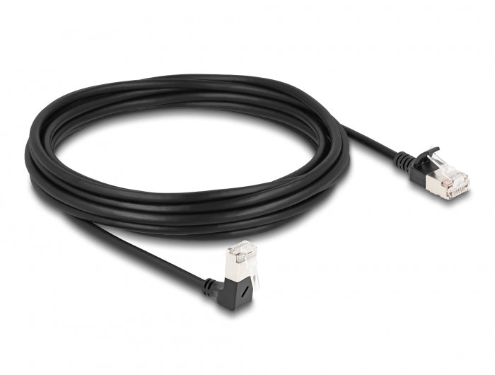 Delock RJ45 Netzwerkkabel Cat.6A S/FTP Slim 90° unten gewinkelt / gerade 5 m schwarz