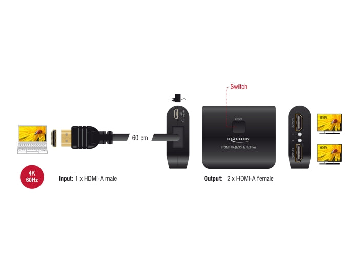Delock HDMI Splitter 1 x HDMI in zu 2 x HDMI out 4K 60 Hz mit Downscaler