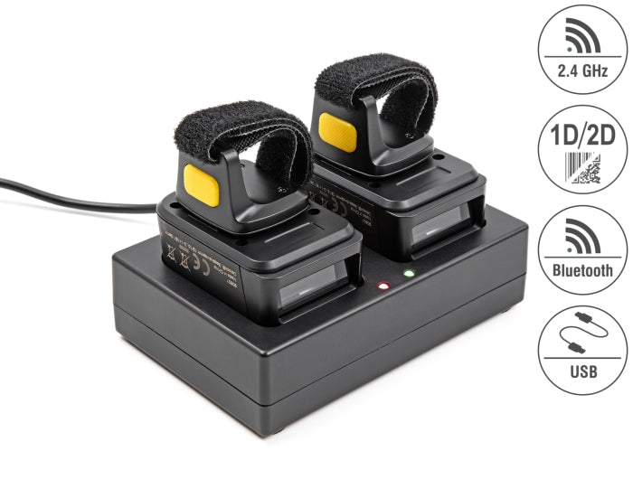 Delock Ringbarcode Scanner 1D und 2D mit 2,4 GHz oder Bluetooth (2 Stück) + Ladestation