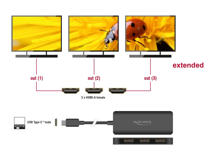 Delock USB Type-C™ Splitter (DP Alt Mode) zu 3 x HDMI MST 4K 60 Hz