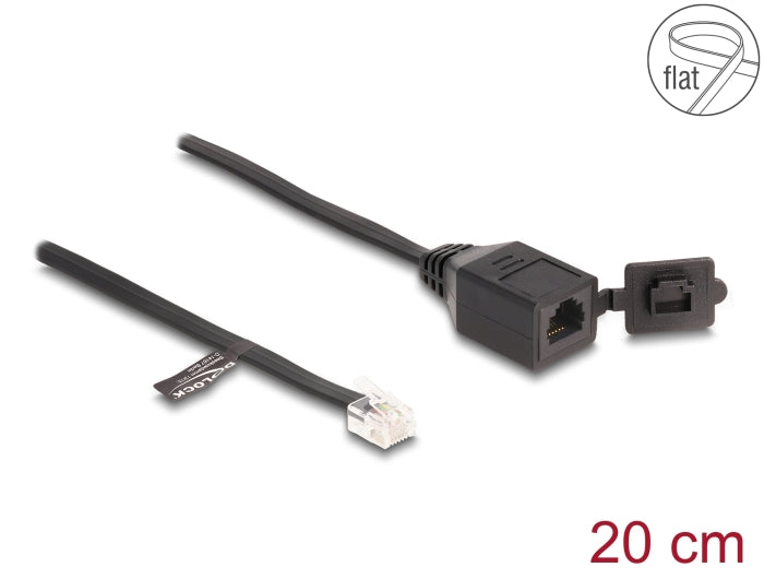 Delock Kabel RJ12 Stecker zu RJ12 Buchse mit Verschlusskappe 20 cm schwarz