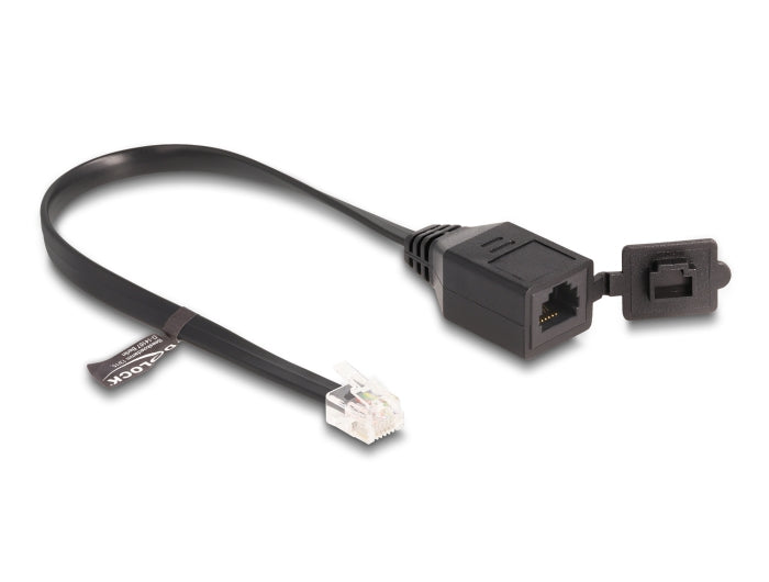 Delock Kabel RJ12 Stecker zu RJ12 Buchse mit Verschlusskappe 20 cm schwarz