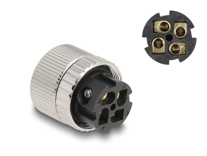 Delock M12 Steckverbinder A-kodiert 4 Pin Buchse zur Montage mit Schraubanschluss 90° gewinkelt Metall
