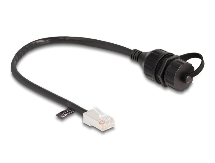 Delock Kabel RJ45 Stecker zu RJ45 Buchse zum Einbau mit Verschlusskappe Cat.5e FTP IP68 staub- und wasserdicht 25 cm schwarz
