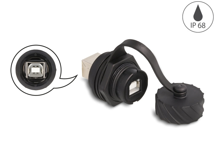 Delock Kabelverbinder USB 2.0 Typ-B Buchse zu Buchse zum Einbau mit Bajonett-Verschlusskappe IP68 staub- und wasserdicht schwarz
