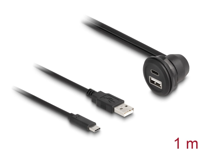 Delock USB 2.0 Kabel USB Typ-A Stecker und USB Type-C™ Stecker zu USB Typ-A Buchse 90° gewinkelt und USB Type-C™ Buchse 90° gewinkelt zum Einbau 1 m schwarz
