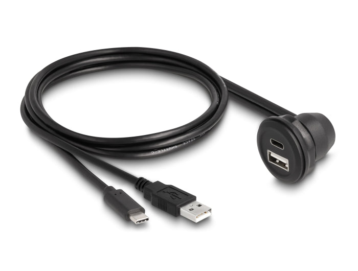 Delock USB 2.0 Kabel USB Typ-A Stecker und USB Type-C™ Stecker zu USB Typ-A Buchse 90° gewinkelt und USB Type-C™ Buchse 90° gewinkelt zum Einbau 1 m schwarz