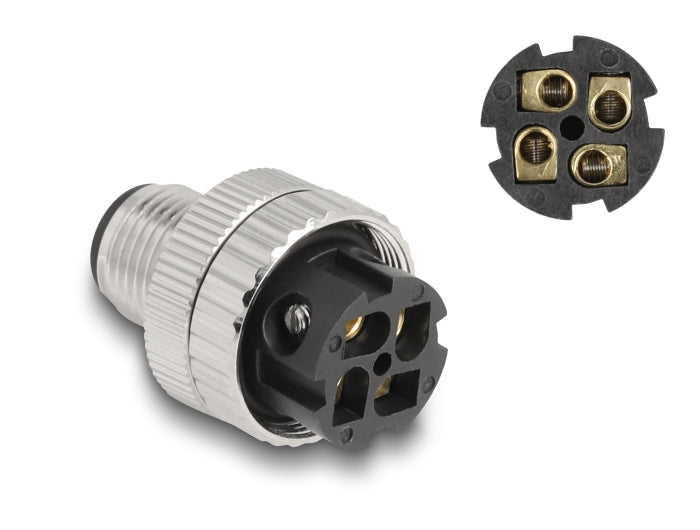 Delock M12 Steckverbinder A-kodiert 4 Pin Stecker zur Montage mit Schraubanschluss 90° gewinkelt Metall