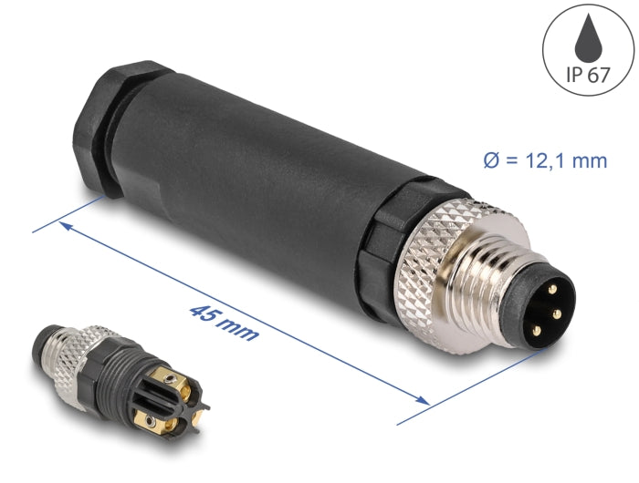 Delock M8 Steckverbinder A-kodiert 3 Pin Stecker zur Montage mit Schraubanschluss