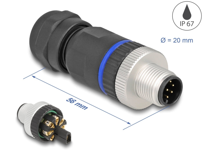 Delock M12 Steckverbinder A-kodiert 8 Pin Stecker zur Montage mit Schraubanschluss