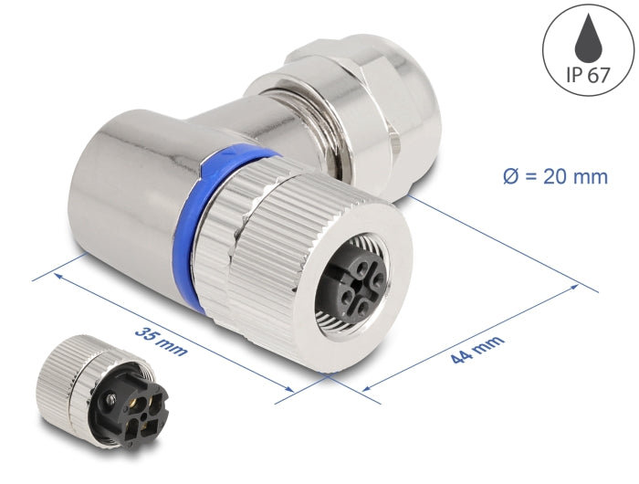 Delock M12 Steckverbinder A-kodiert 4 Pin Buchse zur Montage mit Schraubanschluss 90° gewinkelt Metall