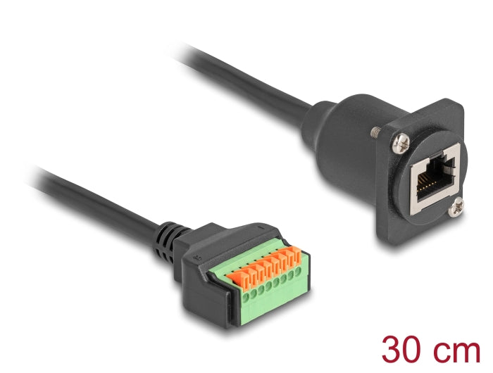 Delock D-Typ Kabel RJ45 Buchse zu Terminalblock mit Drucktaster Cat.5e schwarz 30 cm