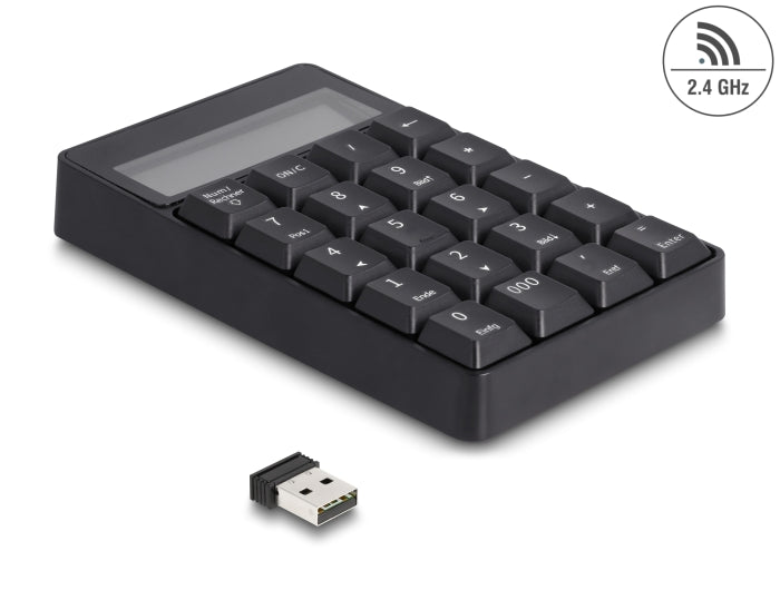 Delock 2 in 1 USB Typ-A Nummernblock mit Taschenrechner Funktion 2,4 GHz kabellos schwarz