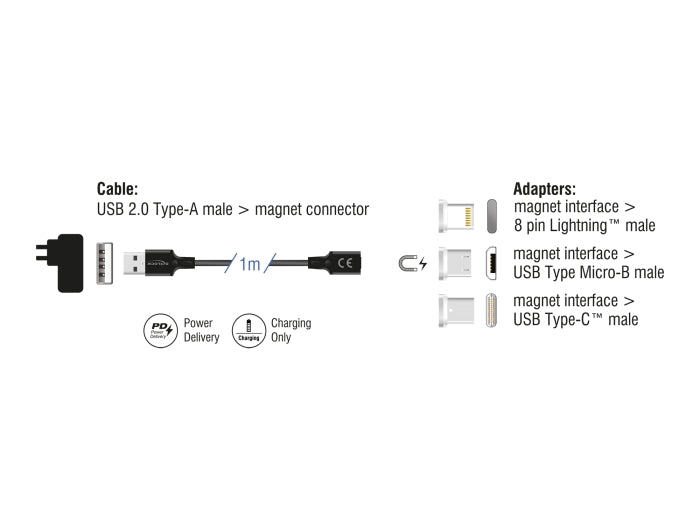 Delock Magnetisches Ladekabel Set für 8 Pin Lightning™ / Micro USB / USB Type-C™ schwarz 1 m