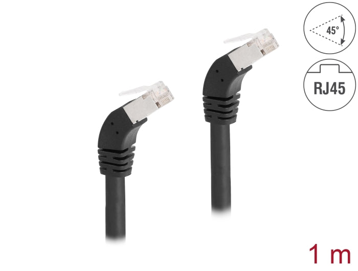 Delock RJ45 Netzwerkkabel Cat.6A S/FTP 45° nach unten gewinkelt 1 m schwarz