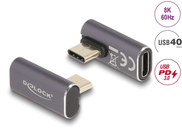 Delock USB Adapter 40 Gbps USB Type-C™ PD 3.0 100 W Stecker zu Buchse gedreht gewinkelt links / rechts 8K 60 Hz Metall