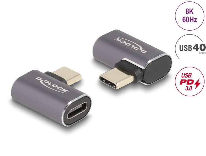 Delock USB Adapter 40 Gbps USB Type-C™ PD 3.0 100 W Stecker zu Buchse gewinkelt links / rechts 8K 60 Hz Metall