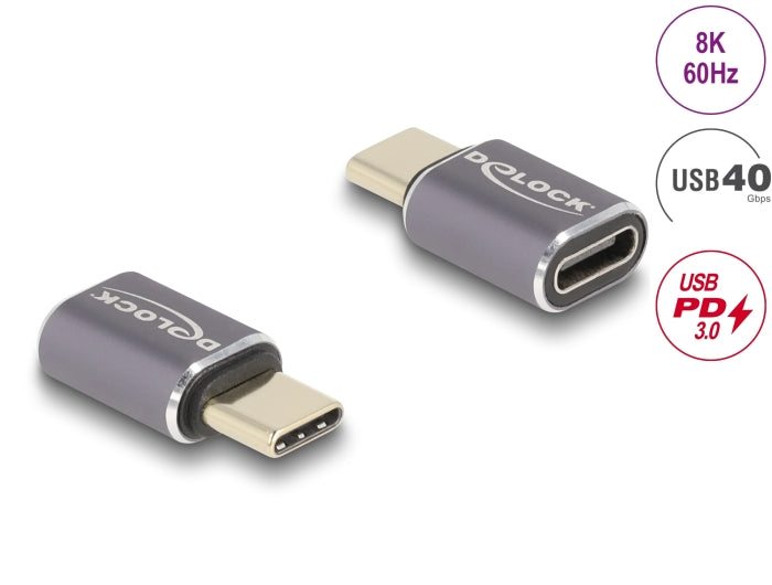 Delock USB Adapter 40 Gbps USB Type-C™ PD 3.0 100 W Stecker zu Buchse Portschoner 8K 60 Hz Metall