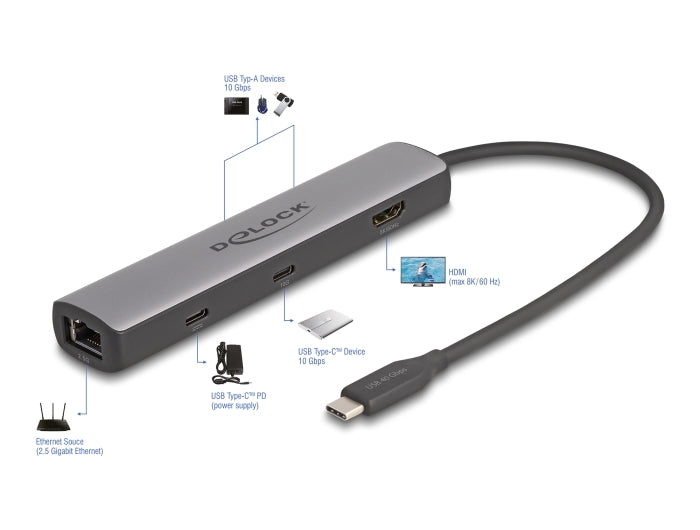 Delock USB 40 Gbps USB Type-C™ Dockingstation 8K - HDMI / USB 10 Gbps / 2,5 Gigabit LAN / PD 3.0 100 W