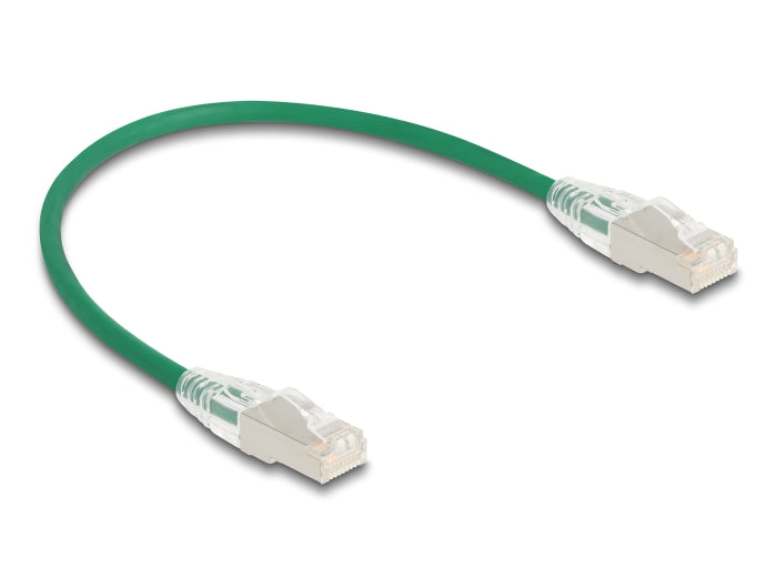 Delock RJ45 Netzwerkkabel Cat.6A Stecker zu Stecker mit gebogener Rastnase U/FTP Slim 0,3 m grün