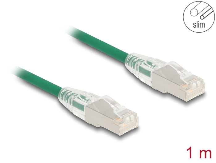 Delock RJ45 Netzwerkkabel Cat.6A Stecker zu Stecker mit gebogener Rastnase U/FTP Slim 1 m grün