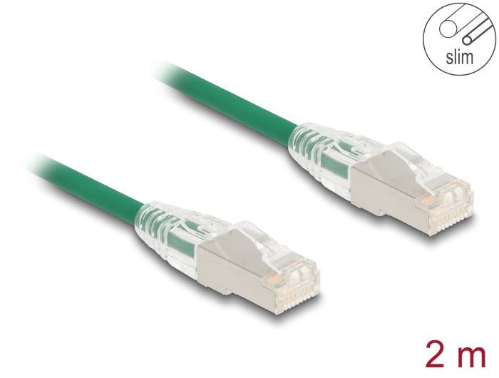 Delock RJ45 Netzwerkkabel Cat.6A Stecker zu Stecker mit gebogener Rastnase U/FTP Slim 2 m grün