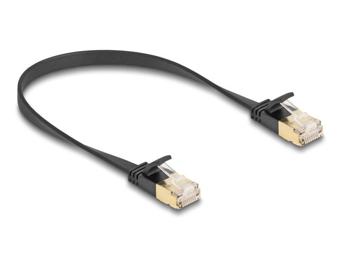 Delock RJ45 Netzwerkkabel Cat.6A Stecker zu Stecker mit robuster Rastnase und Cat.7 Rohflachbandkabel U/FTP 0,3 m schwarz