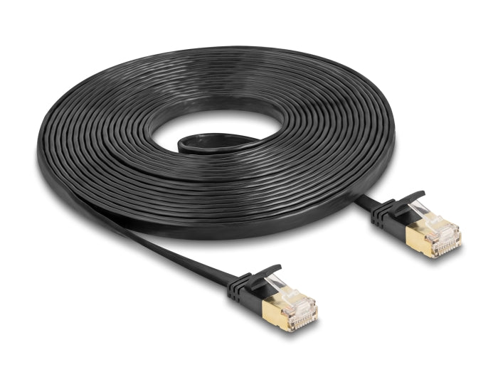 Delock RJ45 Netzwerkkabel Cat.6A Stecker zu Stecker mit robuster Rastnase und Cat.7 Rohflachbandkabel U/FTP 5 m schwarz
