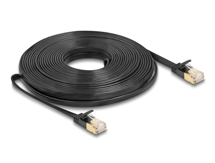 Delock RJ45 Netzwerkkabel Cat.6A Stecker zu Stecker mit robuster Rastnase und Cat.7 Rohflachbandkabel U/FTP 10 m schwarz