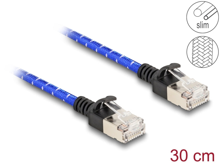 Delock RJ45 Netzwerkkabel mit Geflechtmantel Cat.6A U/FTP Slim 0,3 m blau