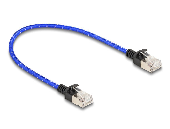 Delock RJ45 Netzwerkkabel mit Geflechtmantel Cat.6A U/FTP Slim 0,3 m blau